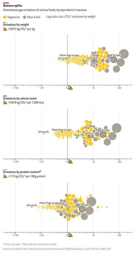 Three plots for CO2 emissions per weight, protein, and kCalorie